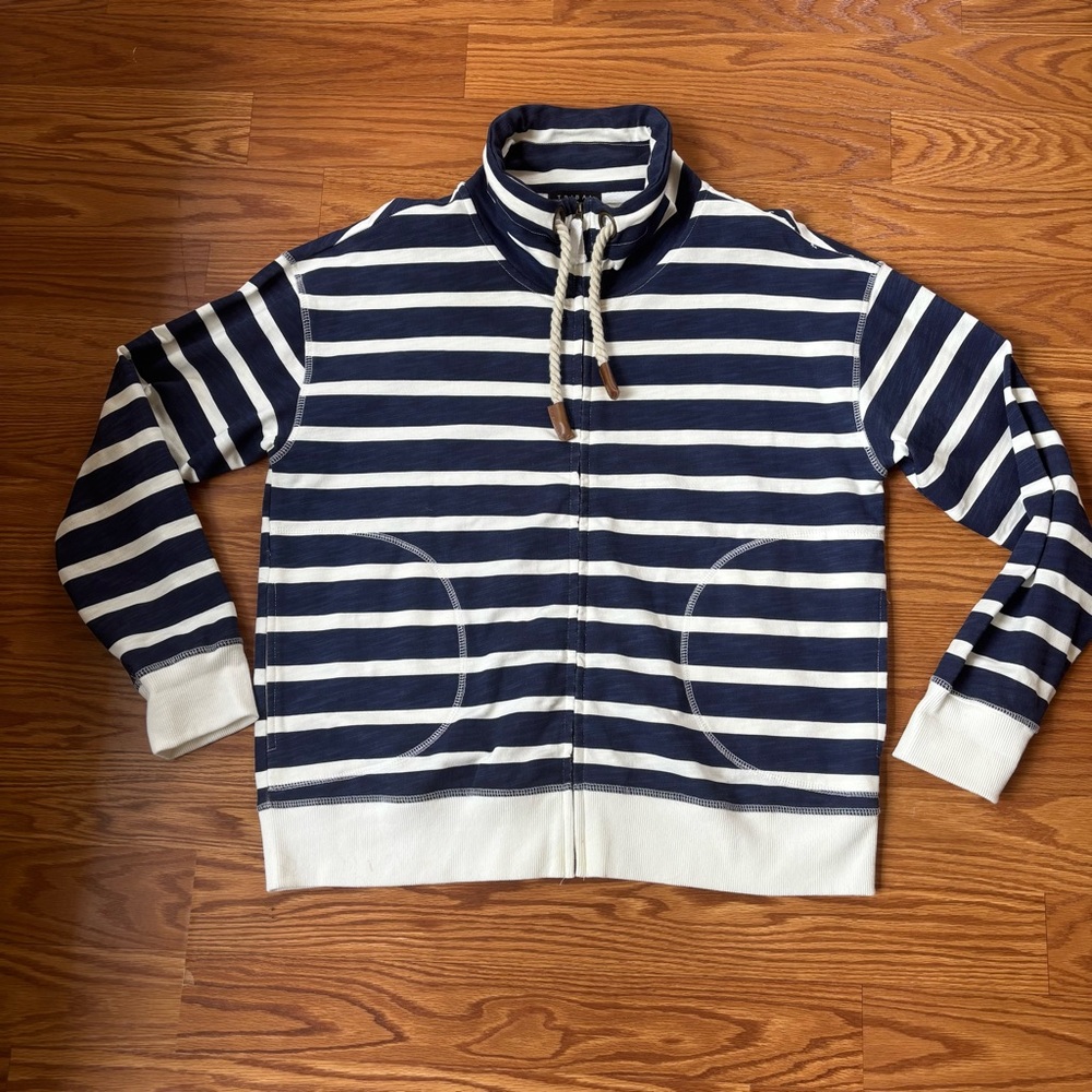 NWT Tribal Blue White Stripe Zip Up Cotton Sweatshirt Nautical Preppy Sz Medium
